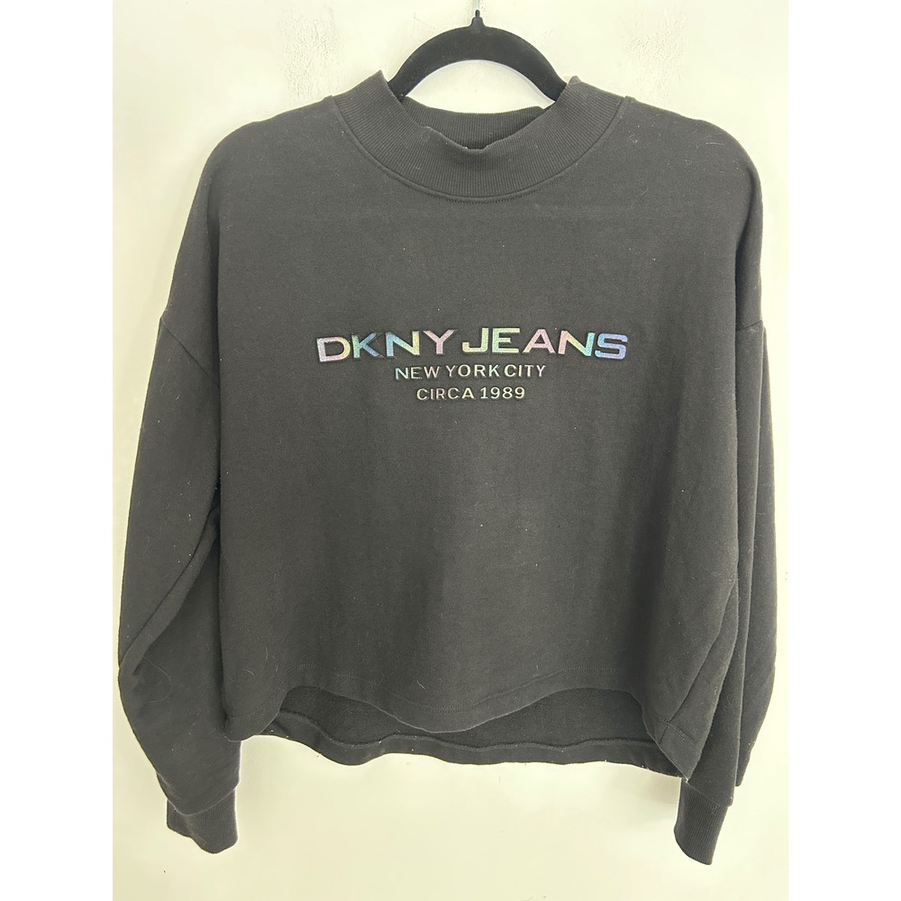 DKNY‎ Jeans Womens Black Iridescent Logo Mock Neck Cropped Sweatshirt Medium